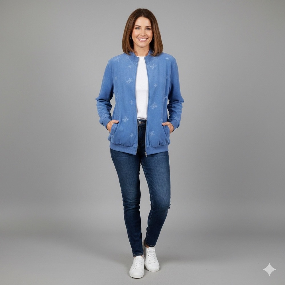 Alfred Dunner Womens Size 16 Blue Snowflake Embroidered‎ Full Zip Bomber Jacket